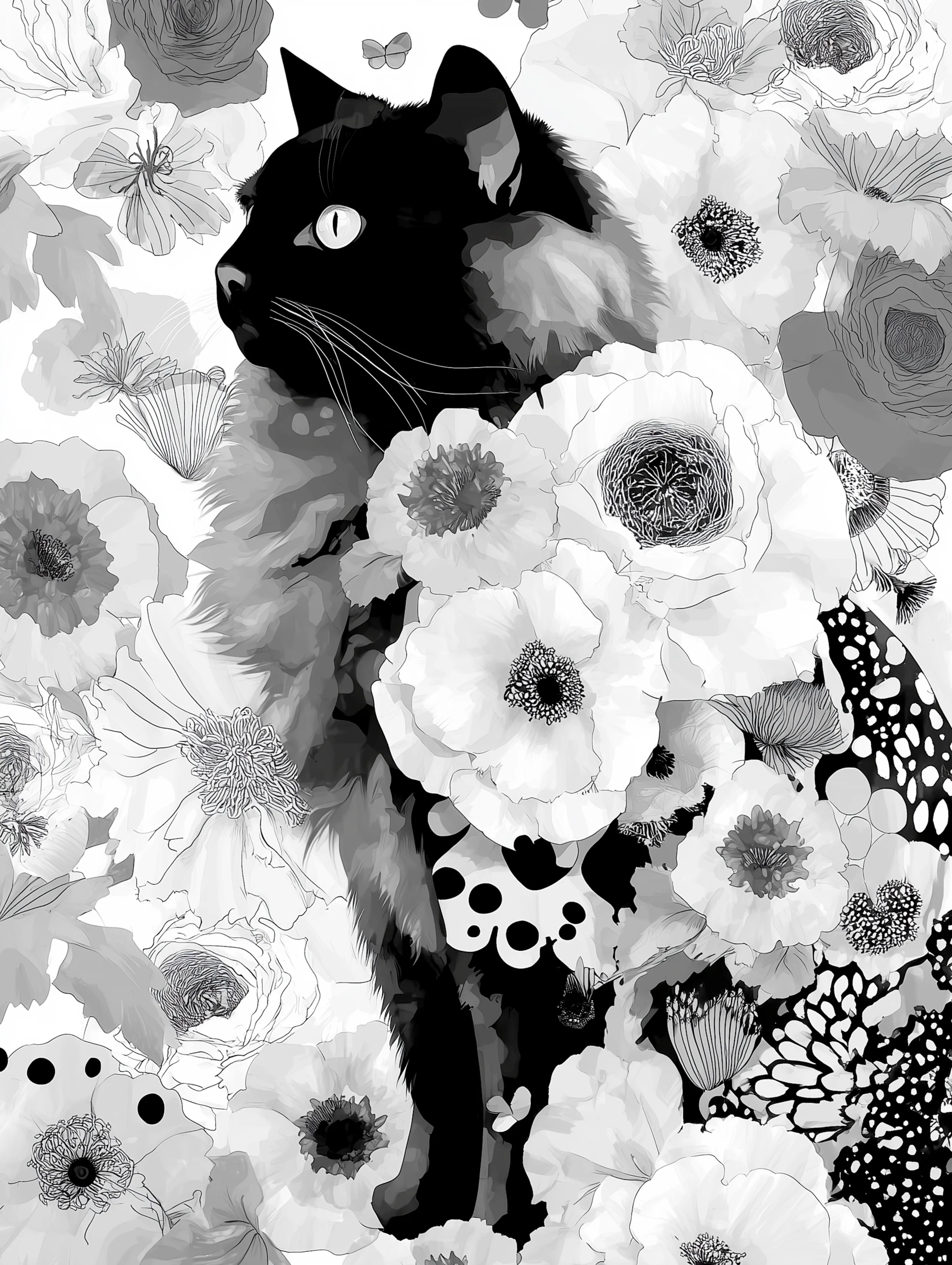 Free printable black cat coloring page for adults featuring flower covered black cat